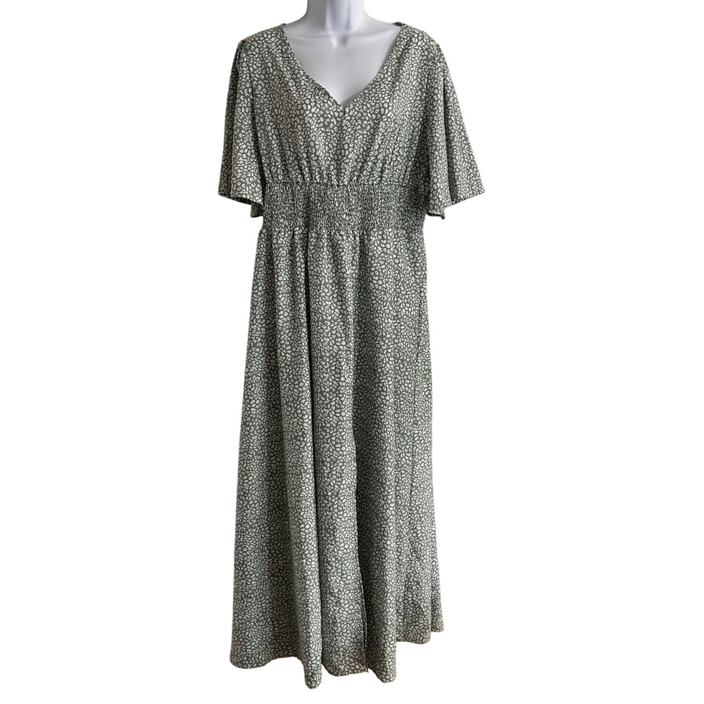 NWT Fashion Sage Green Leopard Print Smocked Waist Flutter Sleeve Maxi Dress 2XL